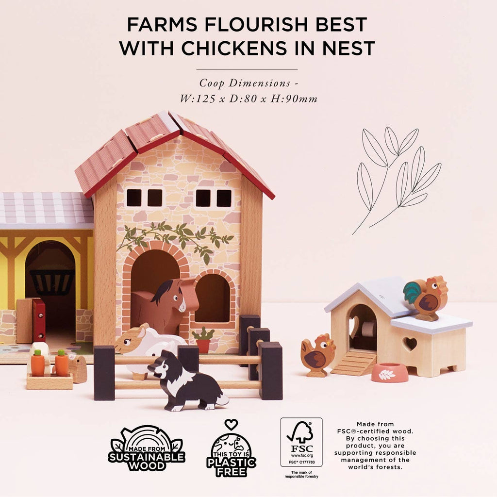 Chicken Coop Playset with toy farm animals, house, plants, and coop on beige background. Text: "Farms flourish best with chickens in nest." Made from FSC-certified wood. Sustainability icons shown below.