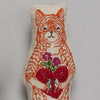 A detailed embroidery of a Coral & Tusk Fox Heart Pocket Valentine, stitched on a fabric shaped like the cat.