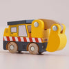 The No. 37 GT210 Eddie | Made in England, a wooden excavator construction toy with yellow and black colors, red and white stripes, a movable arm, and detailed windows, sits on a light surface.