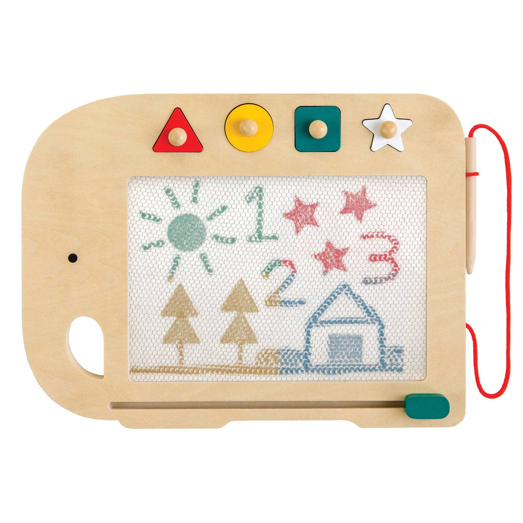 Introducing the Wooden Elephant Magic Drawing Board – a unique and imaginative drawing board featuring an elephant-shaped wooden frame. It comes complete with a stylus, colorful knobs, and magnetic stamps, allowing your child to draw images such as the sun, numbers, stars, trees, and a house on its display screen.