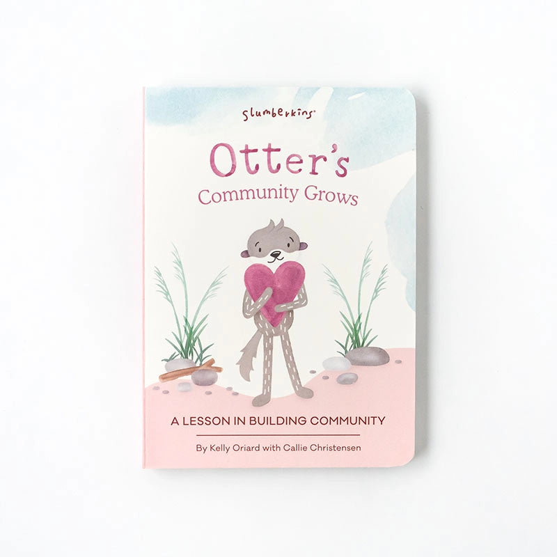 A book cover titled "Slumberkins Otter Kin + Lesson Book - Family Bonding" by Kelly Oriard with Callie Christensen, depicting a cartoon otter standing in a garden with plants and rocks, in a soft past