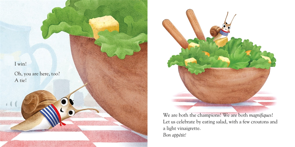 A cheerful French snail in a striped scarf sits in a big wooden salad bowl with lettuce and croutons, tongs nearby on a checkered cloth. This playful picture book, Escargot, is perfect for fans of the popular series.