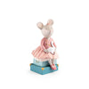 The Moulin Roty Money Box - The Little School of Dance features a hand-drawn mouse in a pink dress with stars, sitting on blue suitcases and holding a white goose—perfect as charming children's bedroom decor.