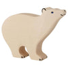 The Holztiger Polar Bear is a handcrafted wooden figurine made in Europe, featuring a smooth, light-colored finish with simple painted facial details and black accents on its paws, nose, and ear.