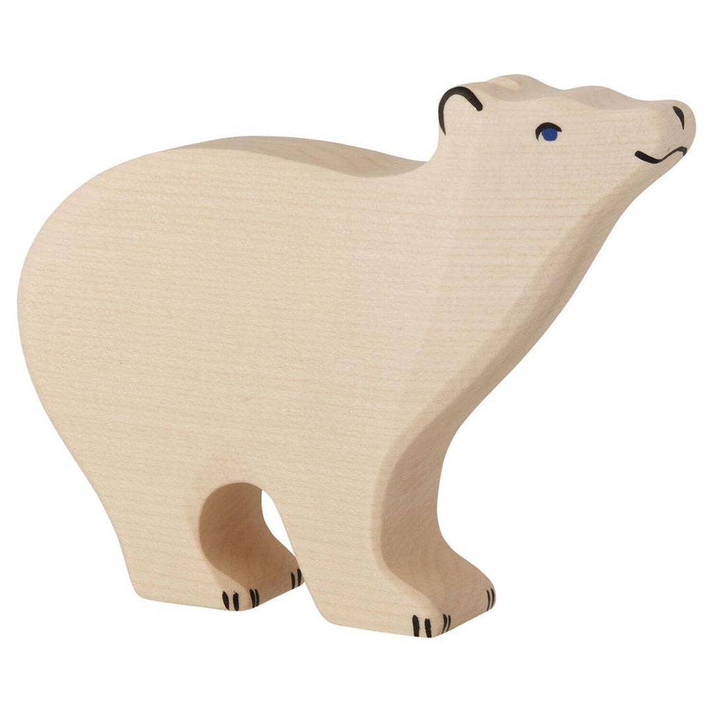 The Holztiger Polar Bear is a handcrafted wooden figurine made in Europe, featuring a smooth, light-colored finish with simple painted facial details and black accents on its paws, nose, and ear.
