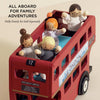 Four wooden dolls sit atop the London Wooden Bus, a red toy with “LONDON” on its side. Text: "All aboard for family adventures! Dolly Family set sold separately—ideal for early learning play.