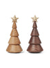 Two minimalist Spring Copenhagen The Christmas Tree, Thermo Beech ornaments, one light and one dark, each shaped like a wooden Christmas tree and topped with a gold star.
