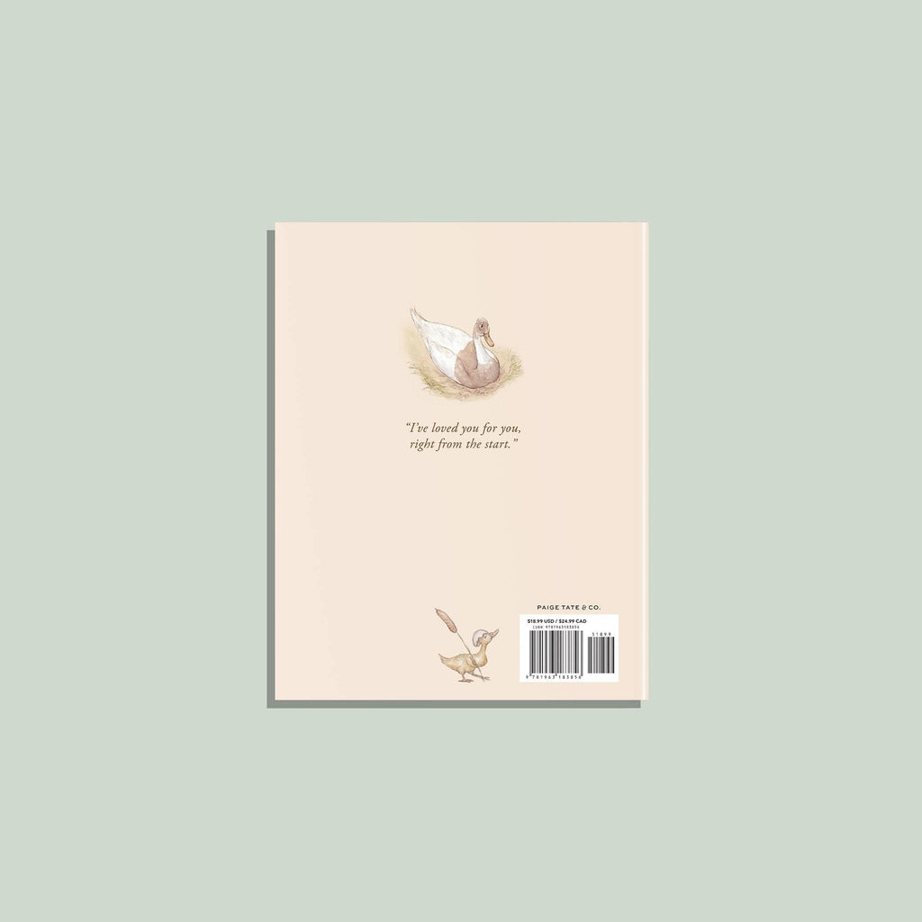 Back cover of I’ve Loved You from the Start, a picture book with a soft peach background, featuring an illustration of a goose with a baby—perfect as a new baby gift. A small quote graces the cover, while at the bottom right, next to the barcode, a smaller goose illustration holds a feather. This charming design beautifully celebrates the special bond between parent and child.