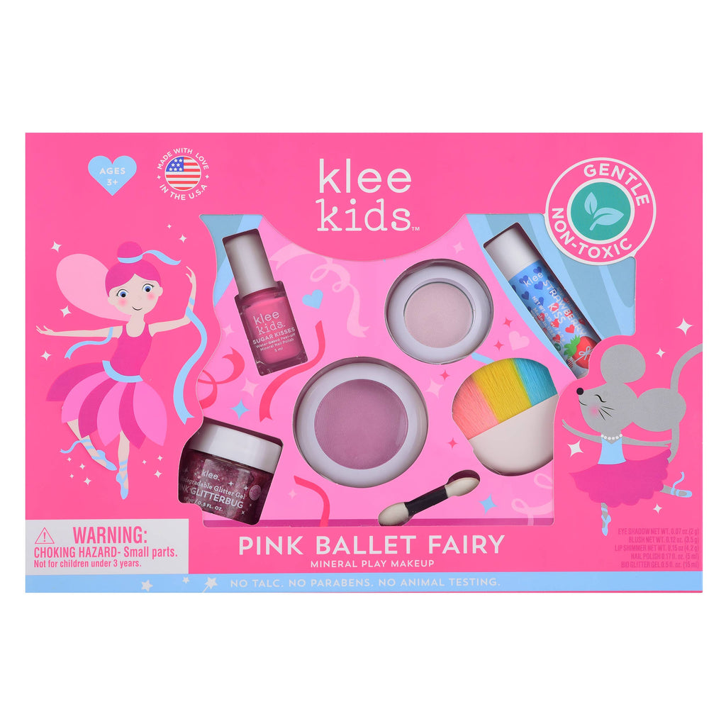 Klee Naturals Deluxe Makeup Kit - Pink Ballet Fairy, a non-toxic kids play makeup kit containing nail polish, glitter gel, lip shimmer, two pans of powder, an applicator, and a blush brush in a pink box decorated with a fairy and a mouse.