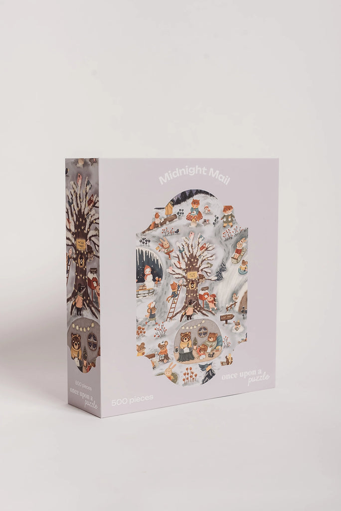 The Midnight Mail 500 Piece Puzzle showcases whimsical owls and foxes delivering mail in a snowy forest. The light purple box highlights enchanting artwork, making it ideal for anyone who loves nighttime magic.