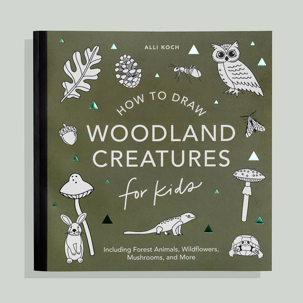 Book cover titled "Mushrooms & Woodland Creatures: A Kids Drawing Book," featuring an owl, rabbit, mushrooms, snail, butterfly, and leaves on a green background—ideal for beginner artists or homeschool art lessons.