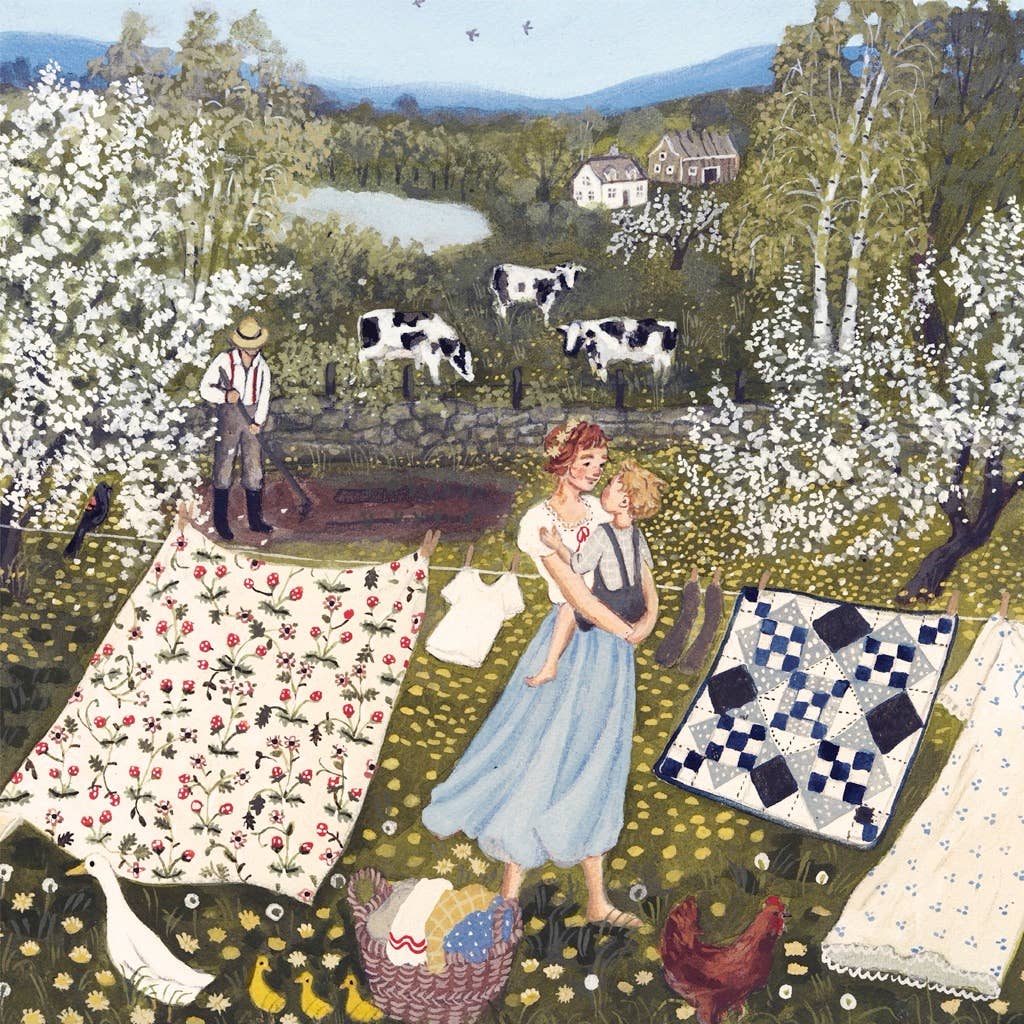 Enjoy assembling the Buttercup - 500 Piece Jigsaw Puzzle, featuring a woman with a child near laundry, cows, chickens, blooming trees, and a man in the field. Linen style finish for a premium feel.