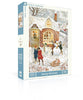 A 750-piece jigsaw puzzle box titled “Nor’easter - 750 Piece Jigsaw Puzzle” features children building a snowman by a cozy, snow-covered house. Art by Loré Pemberton.