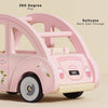 Sophie's Dolls House Toy Car is a retro pink wooden car with floral designs, black wheels, and classic details. It features a removable pink suitcase in the back seat, offering "360 Degree Play" and "Suitcase Back Seat Storage.
