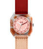A pink and orange Mini Kyomo Watch - Cinnamon Roll with a square case, pink dial, white markings, and two-tone fabric straps—one red, one beige.