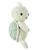 The Cuddle + Kind Baby Sea Turtle (Kelp Green) is a hand-knit, light green plush with a round shell, small flippers, and a smiling face with rosy cheeks, shown side view on a white background.