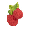 Valery the Raspberry Teething Toy is a natural rubber teether shaped like two red raspberries with green leaves, featuring a textured surface and detailed fruit-like features for sensory play.