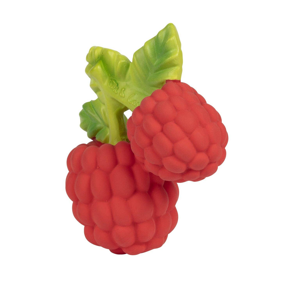 Valery the Raspberry Teething Toy is a natural rubber teether shaped like two red raspberries with green leaves, featuring a textured surface and detailed fruit-like features for sensory play.