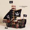 The Barbarossa Pirate Ship & Characters (ships in one week) is an eco-friendly wooden toy with black sails showing white skull and crossbones, two pirate figurines, and two black cannonballs. Text: "2 x Characters Included.