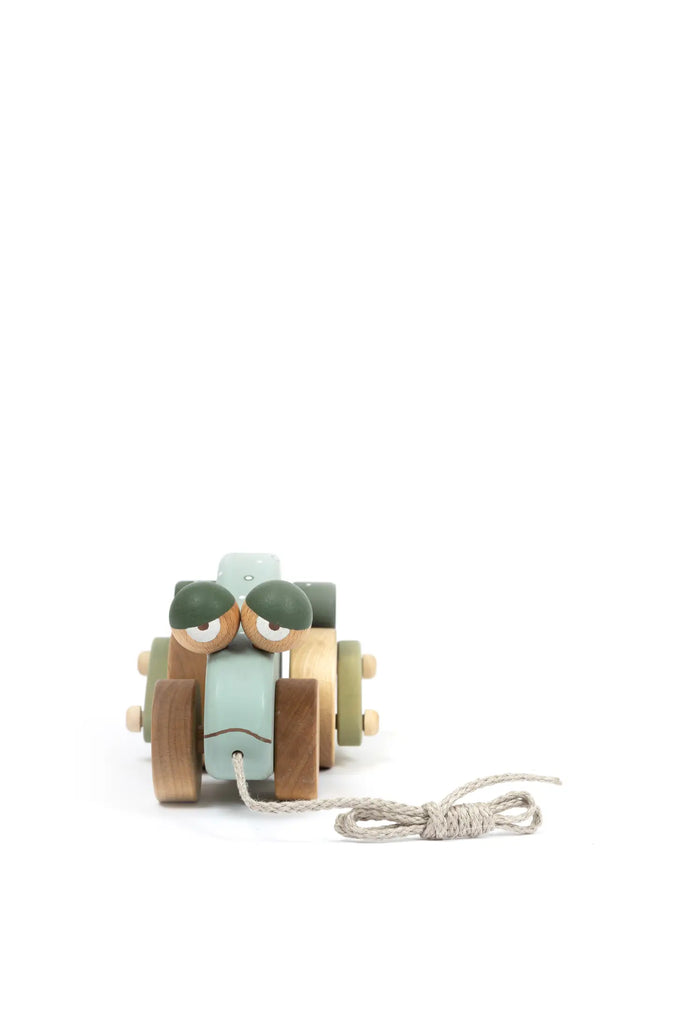 A sustainable wooden Handmade Pull Along Frog Toy with a pull string, featuring large cartoon-like eyes and wheels, set against a plain white background.