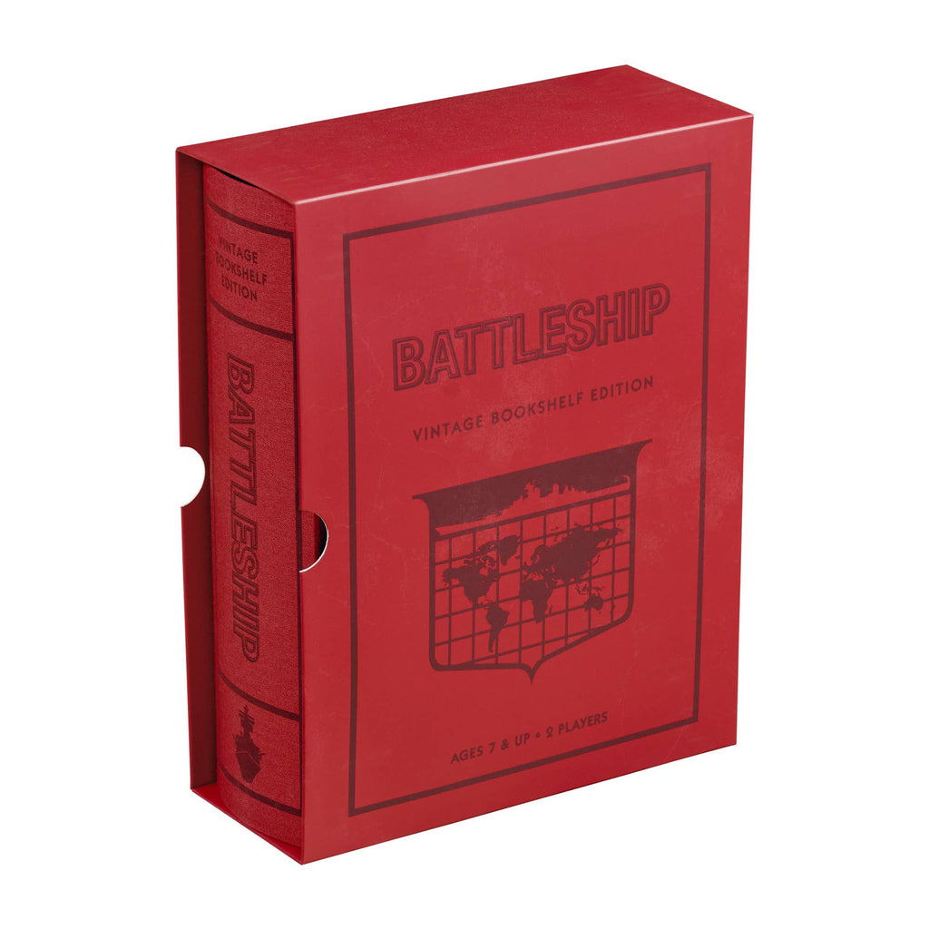 A red box designed like a hardcover book, labeled "Board Game: Battleship Vintage Bookshelf Edition" with a map graphic on the front, contains the classic naval strategy game Battleship.