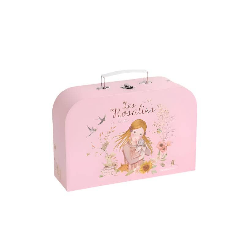 The Moulin Roty Tea Party Suitcase - The Rosalies features a pink case with a white handle, decorated with a girl holding a flower among flowers and birds, plus “Les Rosalies” on the front—ideal for storing a pastel tea set.