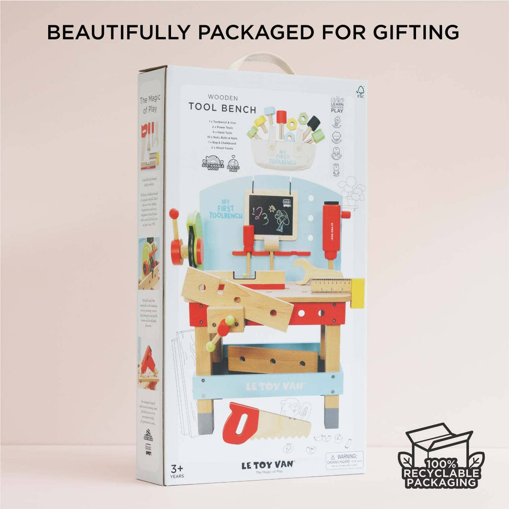 The Wooden Tool Bench by Le Toy Van is designed for kids ages 3+. Ideal for pretend play, it comes in 100% recyclable packaging that’s beautifully packaged for gifting.