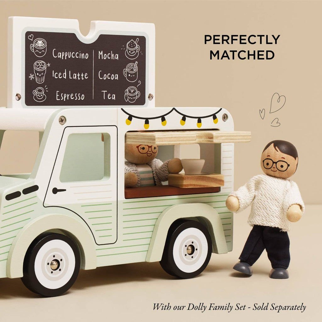 The Mobile Café Van is a pastel green, vintage-style toy with a chalkboard menu and two sweater-clad dolls for imaginative play. Made from FSC-certified wood. "Perfectly Matched with our Dolly Family Set – Sold Separately.