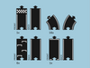 The Large Flexible Toy Race Track - Grand Prix includes six black and white plastic track pieces—straight, curved, starting line, and connector-notched—with front and back views shown on a light blue background. Quantities for each type are displayed.