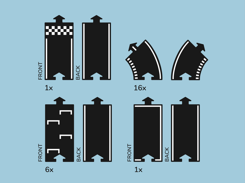 The Large Flexible Toy Race Track - Grand Prix includes six black and white plastic track pieces—straight, curved, starting line, and connector-notched—with front and back views shown on a light blue background. Quantities for each type are displayed.