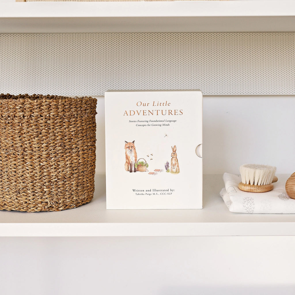 A children's board Our Little Adventures Book Box Set titled "Our Little Adventures" displayed on a white shelf, alongside a woven basket and wooden brushes. The book cover features illustrations of forest animals, ideal for early language concepts.