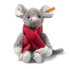 The Steiff Cozy Christmas Mia Mouse is a plush gray mouse with white paws and ears, a red scarf, pink nose, black eyes, and a signature yellow tag—making it the perfect festive stuffed animal for the holidays.