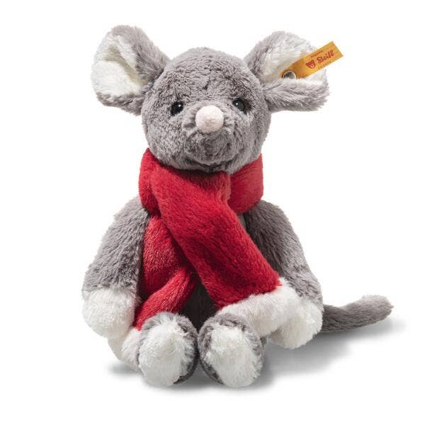 The Steiff Cozy Christmas Mia Mouse is a plush gray mouse with white paws and ears, a red scarf, pink nose, black eyes, and a signature yellow tag—making it the perfect festive stuffed animal for the holidays.