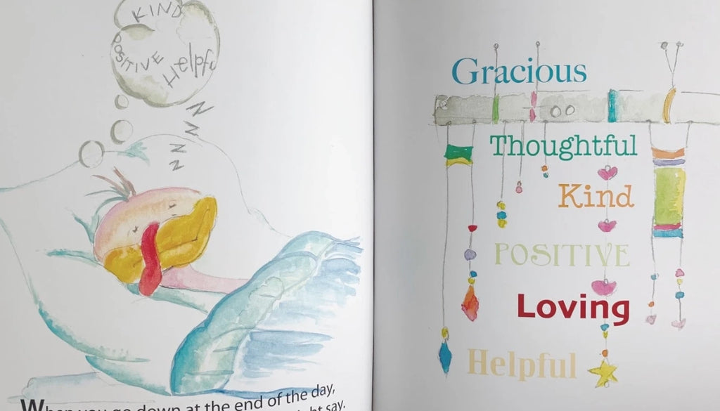 An open book with a watercolor illustration of a bird on the left and the words "The Gracious Gobbler Bundle: Children's Book, Plush and Cards" adorned with colorful hangings on