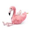 The Steiff Flamingo Stuffed Animal is a plush pink flamingo with long legs, a curved neck, and a white face with a black beak, shown sitting upright on a white background.