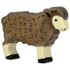 A handcrafted wooden sheep figurine made from maple and beech wood with a textured brown body and white face and legs. The **Holztiger Brown Sheep, Standing** features carved details, including U-shaped markings on its body to represent wool, giving it a rustic, folk-art appearance.