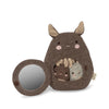 A Wooden Activity Kangaroo toy crafted from recycled polyester, with a smaller kangaroo in its pouch, both smiling, beside a round, detachable mirror, all against a plain white background.