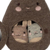 A pair of cute, Wooden Activity Kangaroo animal-themed baby mittens tucked into a matching cap, all designed with embroidered faces and ears, featuring soft, neutral colors.