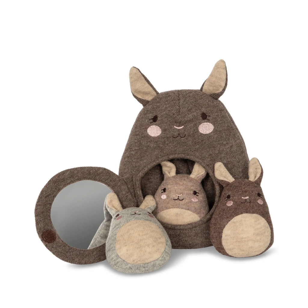 A collection of Wooden Activity Kangaroos made from recycled polyester, resembling a family of cartoon-like brown rabbits, featuring one large rabbit with a mirror, a medium, and a small rabbit, all with cute, simplistic.
