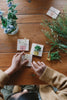 A person arranges illustrated wooden tiles from the limited edition Grapat Quiet Time Advent Calendar 2025, each featuring potted plants, on a wooden table surrounded by fresh flowers and greenery.