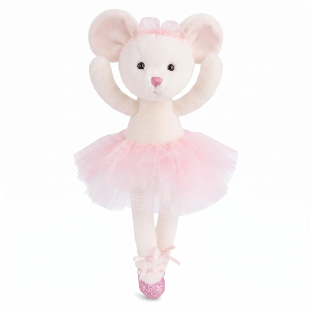 Bukowski - Antonia Mouse - White: An adorable white mouse plush toy dressed in a pink tutu, pink ballet shoes with bows, and a matching pink ribbon on its head. Standing upright with arms raised against a white background, this charming ballerina stuffed animal is perfect for any dance lover.