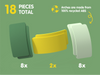 WaytoPlay: Arches - Starter Set includes three types of curved arches: 8 green, 2 yellow, and 8 white pieces, displayed on a green background with the text “18 pieces total” and “Arches are made from 100% recycled ABS.” This sustainable starter set is perfect for creative construction and imaginative play while supporting eco-friendly fun.