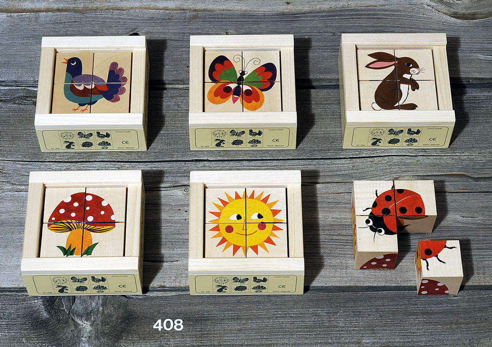 Sentence with product name: Six Wooden Block Puzzle - 4 Piece Woodland made from sustainably harvested wood on a table, each with colorful illustrations: a bird, butterfly, rabbit, mushroom, sun, and ladybug, arranged in two rows.