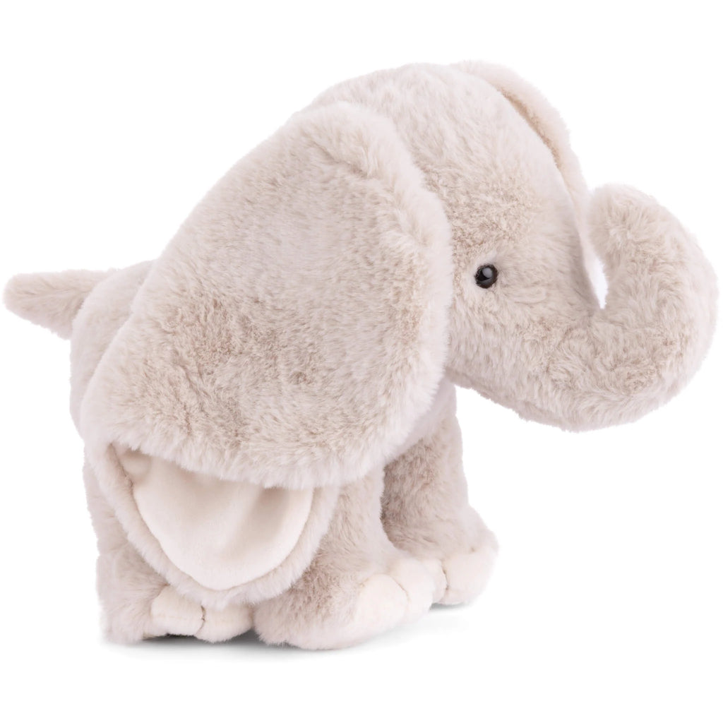 The Bukowski - August Elephant is a soft, light gray plush toy featuring large floppy ears, a curved trunk, and small black eyes. Standing on all four legs, it makes the perfect bedtime companion.