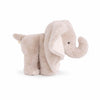 The Bukowski - August Elephant is a soft plush toy featuring light grey fur, large floppy ears, a short tail, and an upturned trunk. Standing on all four legs, this gentle and cuddly bedtime snuggle plush is perfect for comforting hugs.