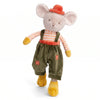 Bukowski - Henry Mouse is a baby-safe stuffed animal in a red hat, orange-striped shirt, green corduroy overalls with orange patches, and yellow shoes—an adorable plush toy companion on a white background.