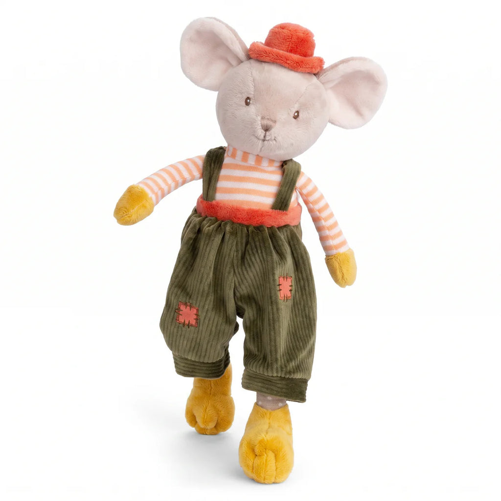 Bukowski - Henry Mouse is a baby-safe stuffed animal in a red hat, orange-striped shirt, green corduroy overalls with orange patches, and yellow shoes—an adorable plush toy companion on a white background.