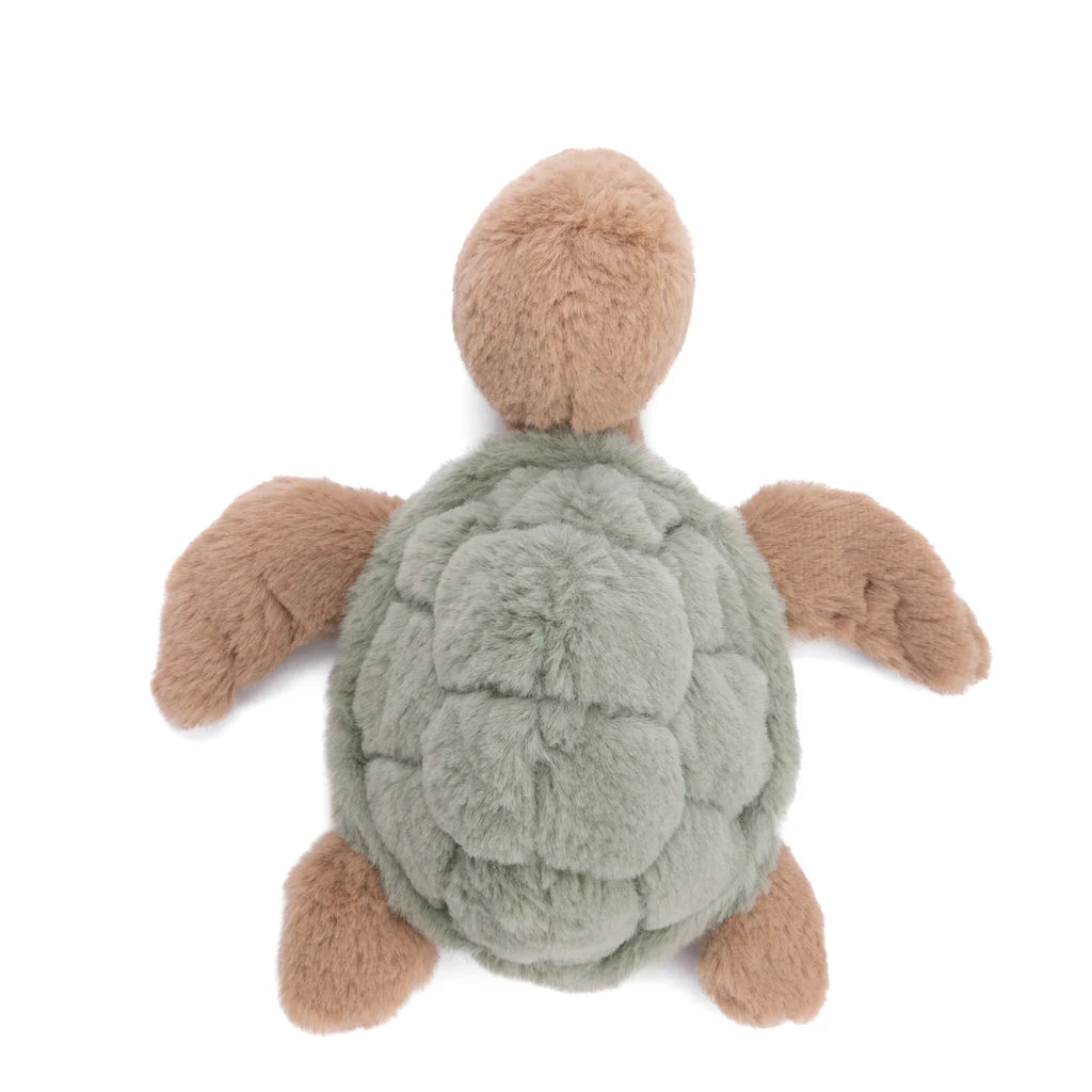 The Bukowski Baby Sandy Sea Turtle is a plush stuffed animal with a round green shell and light brown head, legs, and tail, shown on a white background.