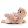 The Bukowski Baby Sandy Sea Turtle - Pink is a charming plush toy with soft light brown fur, a pink fuzzy shell, and a cute pink ribbon bow, lying on its stomach—a delightful stuffed animal for all ages.