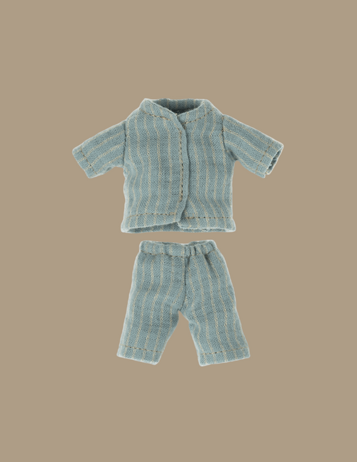 The Maileg Extra Clothing: Pyjamas For Big Sister and Big Brother Mouse is a small, knitted pajama set perfect for a cosy pyjama party with Big Brother Mouse or Big Sister Mouse. The set includes a light blue long-sleeved top and matching pants, both adorned with thin beige stripes against a plain light beige background, making it the ideal choice for any doll or toy.